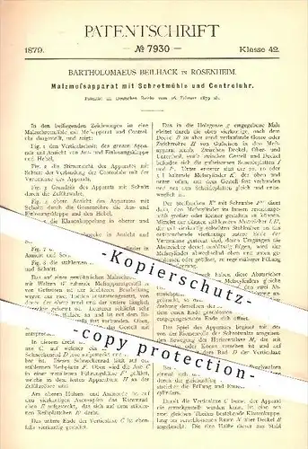 original Patent - Bartholomaeus Beilhack , Rosenheim , 1879 , Malz - Messapparat mit Schrotmühle & Kontrolluhr , Mühle !