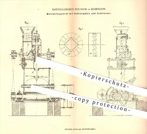 original Patent - Bartholomaeus Beilhack , Rosenheim , 1879 , Malz - Messapparat mit Schrotmühle & Kontrolluhr , Mühle !