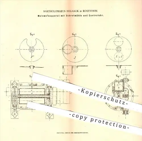 original Patent - Bartholomaeus Beilhack , Rosenheim , 1879 , Malz - Messapparat mit Schrotmühle & Kontrolluhr , Mühle !