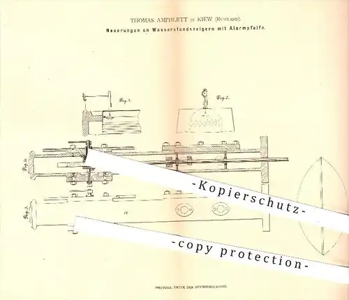 original Patent - Thomas Amphlett , Kiew , Russland , 1880 , Wasserstandsanzeiger mit Alarmpfeife , Dampfkessel , Kessel