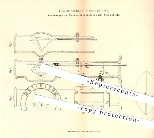 original Patent - Thomas Amphlett , Kiew , Russland , 1880 , Wasserstandsanzeiger mit Alarmpfeife , Dampfkessel , Kessel
