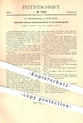 original Patent - W. Kiepenheuer in Remscheid , 1878 , Sicherheitsvorrichtung für den Bremsbergbetrieb , Bergbau !!!