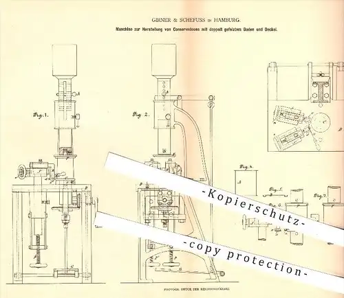 original Patent - Girner & Schefuss , Hamburg , 1879, Herstellung von Konservendosen , Konserven , Dose , Dosen , Metall