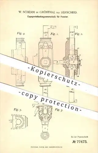 original Patent - W. Schemm in Grünthal bei Herscheid , 1894 , Espagnolettestangenverschluss für Fenster , Verschluss !!