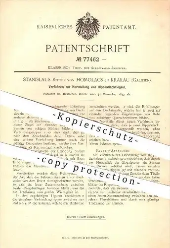 original Patent - Stanislaus Ritter von Homolacs in Krakau , Galizien , Herstellung von Rippendachziegel , Dachziegel !!