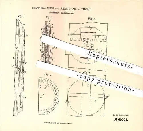 original Patent - Franz Karwiese , Julius Frase in Thorn , 1891 , Ausziehbare Gardinenstange , Gardinen , Haushalt !!!