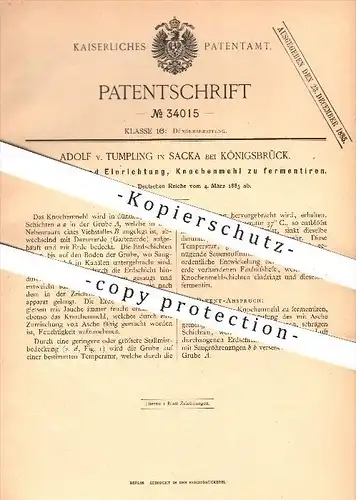 original Patent - A. v. Tumpling , Sacka bei Königsbrück , 1885 , Fermentieren von Knochenmehl , Dünger , Landwirtschaft