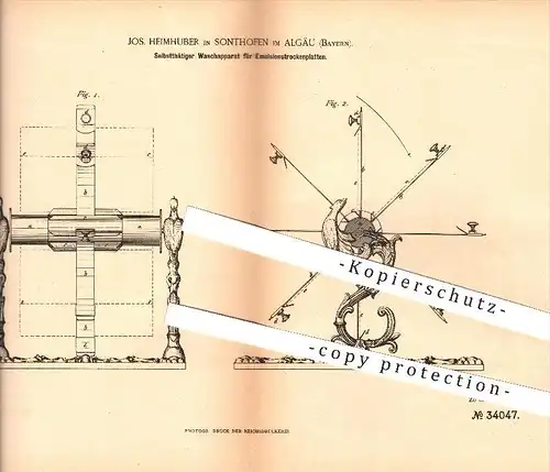 original Patent - Jos. Heimhuber in Sonthofen im Allgäu , 1885 , Waschapparat für Emulsionstrockenplatten , Fotografie !