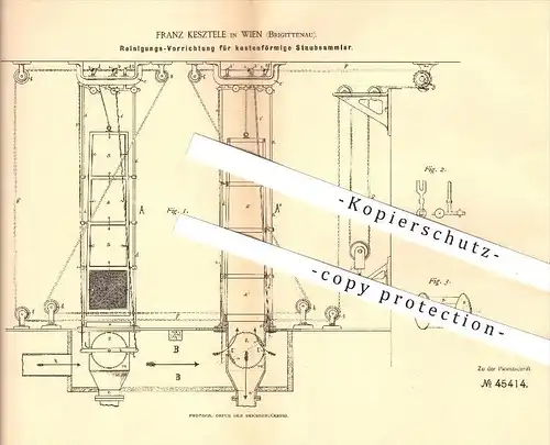 original Patent - F. Kesztele , Wien , Brigittenau , 1888 , Reinigung bei kastenförmigen Staubsammlern , Mühle , Mühlen