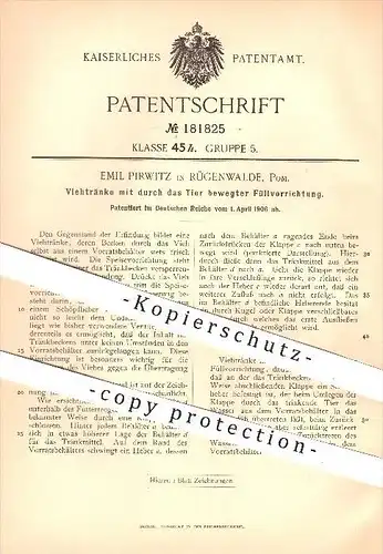 original Patent - Emil Pirwitz , Rügenwalde , Pommern ,1906, Viehtränke mit bewegter Füllrichtung , Tiere , Darlowo !!!