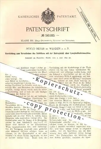 original Patent - Hugo Meyer in Werden a. d. R. , 1890 , Verschieben des Schlittens mit der Bohrspindel , Bohrmaschine !