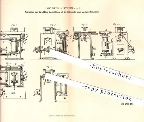 original Patent - Hugo Meyer in Werden a. d. R. , 1890 , Verschieben des Schlittens mit der Bohrspindel , Bohrmaschine !