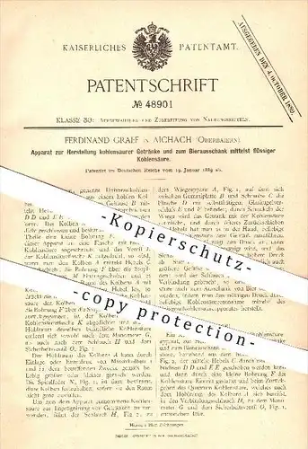 original Patent - Ferdinand Graef in Aichach , 1889 , Herstellung kohlensaurer Getränke , Kohlensäure , Lebensmittel !!