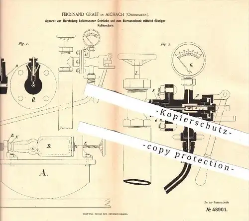 original Patent - Ferdinand Graef in Aichach , 1889 , Herstellung kohlensaurer Getränke , Kohlensäure , Lebensmittel !!