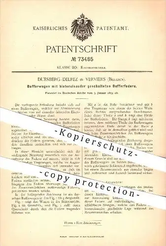 original Patent - Duesberg - Delrez in Verviers , Belgien , 1893 , Bufferwagen mit Butterfedern , Eisenbahn , Lokomotive