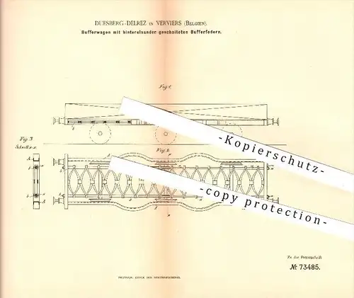 original Patent - Duesberg - Delrez in Verviers , Belgien , 1893 , Bufferwagen mit Butterfedern , Eisenbahn , Lokomotive