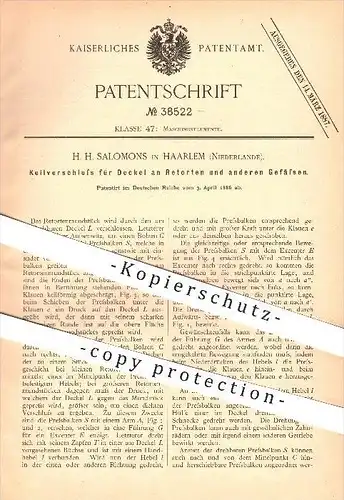 original Patent - H. H. Salomons in Haarlem , Niederlande , 1886 , Keilverschluss für Deckel an Retorten u. Gefäßen !!!