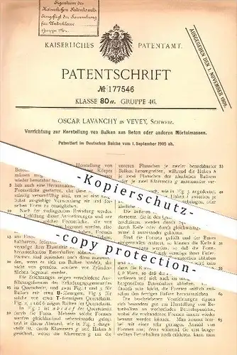 original Patent - Oscar Lavanchy in Vevey , Schweiz , 1905 , Herstellung von Balken aus Beton oder Mörtel , Zement !!!