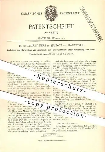 original Patent - H. de Grousilliers , Springe bei Hannover , 1885 , Darstellung von Aluminium unter Druck , Alu , Chlor