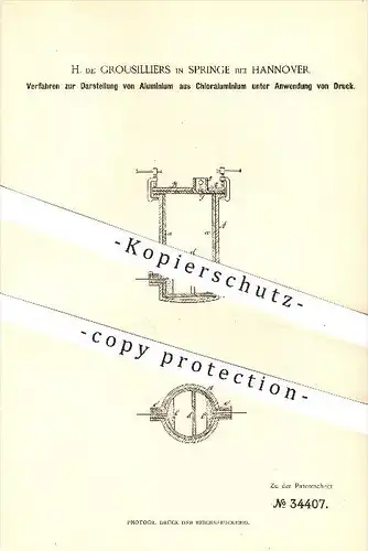 original Patent - H. de Grousilliers , Springe bei Hannover , 1885 , Darstellung von Aluminium unter Druck , Alu , Chlor