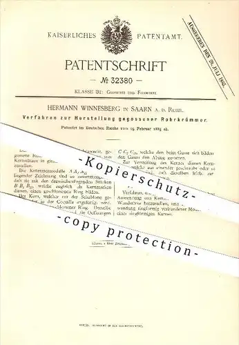original Patent - Hermann Winnesberg , Saarn an der Ruhr , 1885, Herstellung gegossener Rohrkrümmer , Gießerei , Mülheim