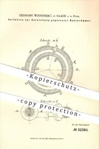 original Patent - Hermann Winnesberg , Saarn an der Ruhr , 1885, Herstellung gegossener Rohrkrümmer , Gießerei , Mülheim