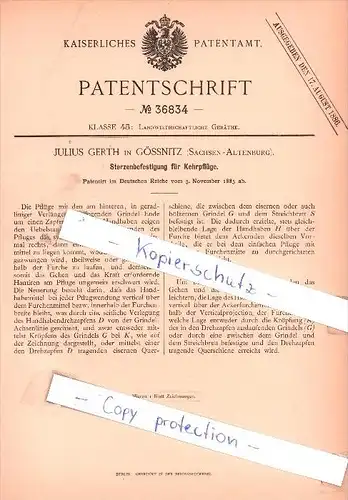 Original Patent - J. Gerth in Gössnitz , Sachsen-Altenburg , 1885 , Sterzenbefestigung für Kehrpflüge !!!