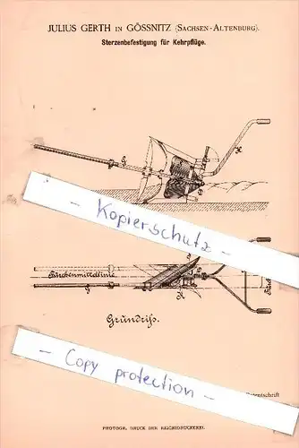 Original Patent - J. Gerth in Gössnitz , Sachsen-Altenburg , 1885 , Sterzenbefestigung für Kehrpflüge !!!