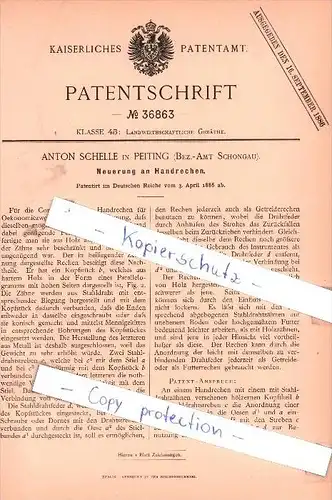 Original Patent - A. Schelle in Peiting , Bez.-Amt Schongau , 1886 , Neuerung an Handrechen !!!