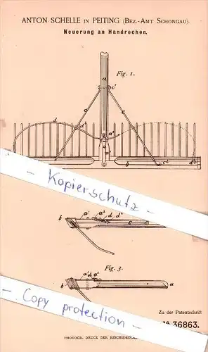 Original Patent - A. Schelle in Peiting , Bez.-Amt Schongau , 1886 , Neuerung an Handrechen !!!