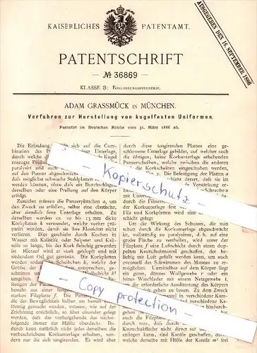 Original Patent - A. Grassmück in München , 1886 , Herstellung von kugelfesten Uniformen , schußsicher , kugelsicher !!!