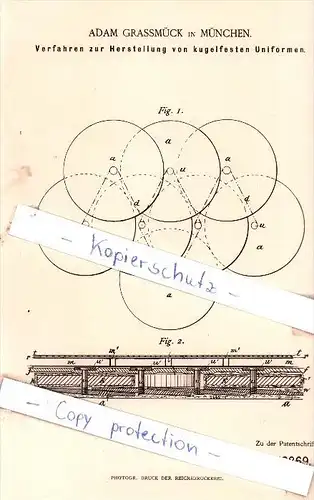 Original Patent - A. Grassmück in München , 1886 , Herstellung von kugelfesten Uniformen , schußsicher , kugelsicher !!!