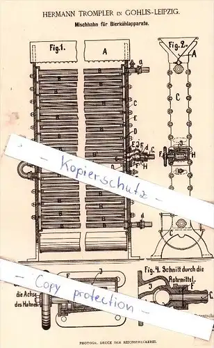 Original Patent - Hermann Trompler in Gohlis-Leipzig , 1885 , Mischhahn für Bierkühlapparate !!!