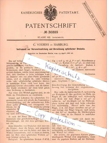 Original Patent - C. Volbers in Hamburg , 1886 , Instrumente !!!