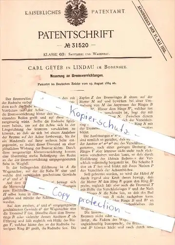 Original Patent - Carl Geyer in Lindau im Bodensee , 1884 , Bremsvorrichtungen !!!