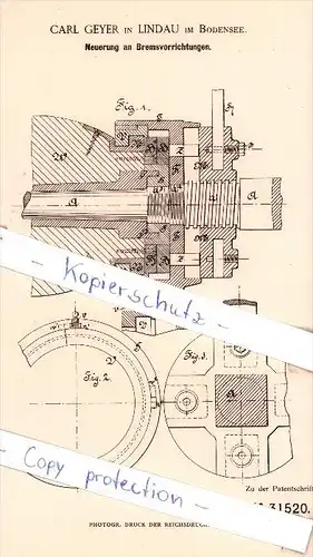 Original Patent - Carl Geyer in Lindau im Bodensee , 1884 , Bremsvorrichtungen !!!