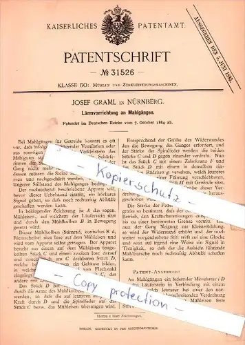 Original Patent - Josef Graml in Nürnberg , 1884 , Lärmvorrichtung an Mahlgängen !!!
