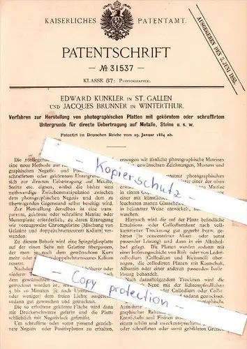 Original Patent - Edward Kunkler in St. Gallen und Jacques Brunner in Winterthur , 1884 , Photographie  !!!