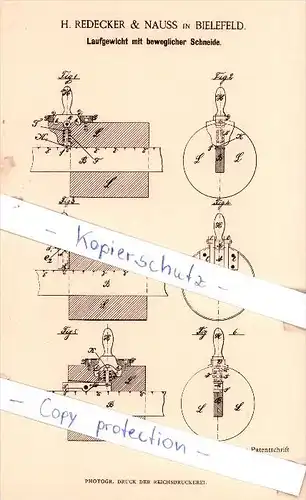 Original Patent - H. Redecker & Nauss in Bielefeld , 1884 , Laufgewicht mit Schneide !!!