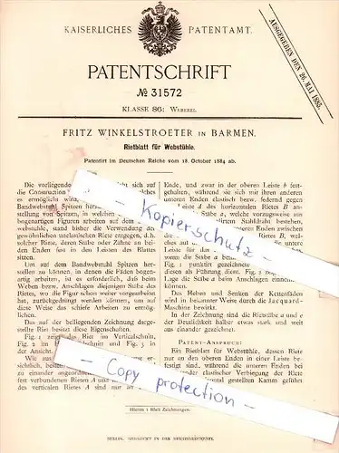 Original Patent - Fritz Winkelstroeter in Barmen , 1884 , Rietblatt für Webstühle !!!