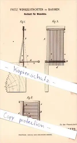 Original Patent - Fritz Winkelstroeter in Barmen , 1884 , Rietblatt für Webstühle !!!