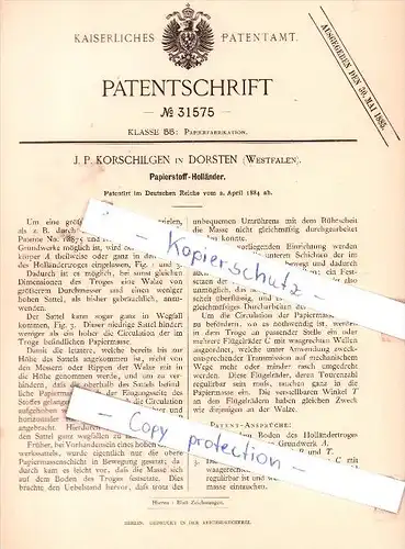 Original Patent - J. P. Korschilgen in Dorsten , Westfalen  , 1884 , Papierstoff-Holländer !!!