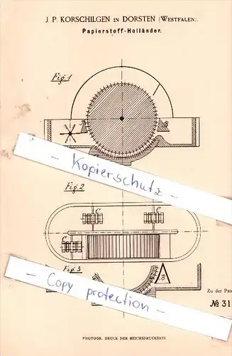 Original Patent - J. P. Korschilgen in Dorsten , Westfalen  , 1884 , Papierstoff-Holländer !!!