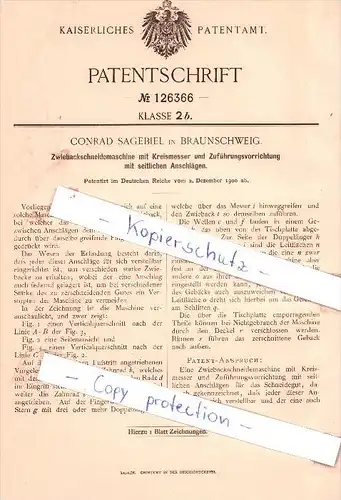 Original Patent - C. Sagebiel in Braunschweig , 1900 , Zwiebackschneidemaschine mit Kreismesser !!!
