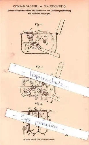 Original Patent - C. Sagebiel in Braunschweig , 1900 , Zwiebackschneidemaschine mit Kreismesser !!!