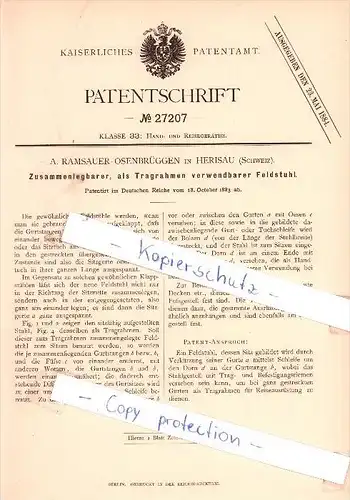Original Patent - R. Ramsauer-Osenbrüggen in Herisau , Schweiz , 1883 , Feldstuhl !!!
