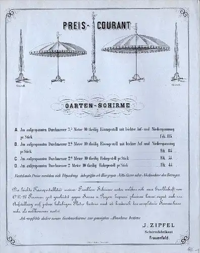 alte Werbung - Schirmfabrik in Frauenfeld , Ca. 1890 , J. Zippel !!!