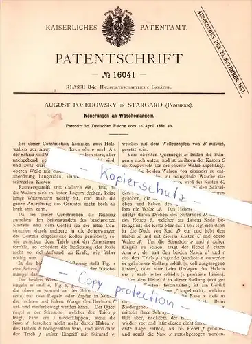 Original Patent - A. Posedowsky in Stargard , Pommern , 1881 , Neuerungen an Wäschemangeln !!!