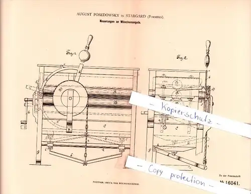 Original Patent - A. Posedowsky in Stargard , Pommern , 1881 , Neuerungen an Wäschemangeln !!!