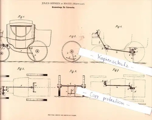 Original Patent - Julius Höfken in Hagen , Westfalen , 1881 , Bremsstange für Fuhrwerke , Kutsche !!!